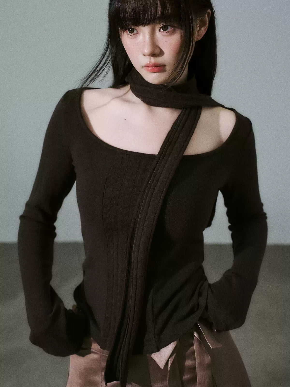 LOST FOREST - Purple Brown Wide-Neck Long Sleeve Top with Cable-Knit Scarf