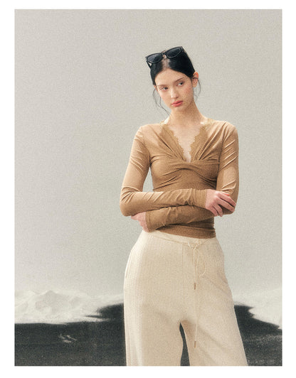 少也眼 “Vintage White Moonlight” Lace V-Neck Long Sleeve Slim Fit Top - Coffee Brown