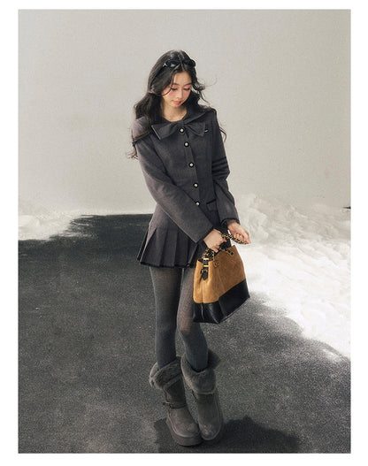 少也眼 “Delicia” Gray Preppy Bow Pleated Dress