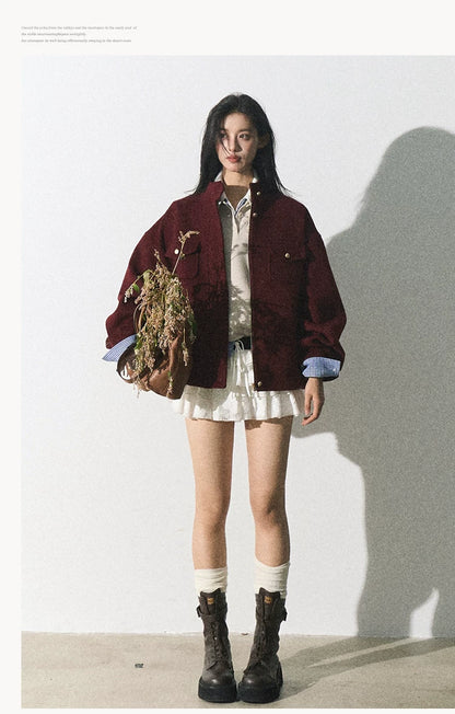 OAKMOO/ "Plum Blossom Mood" Angora Red Wool-Blend Harrington Jacket