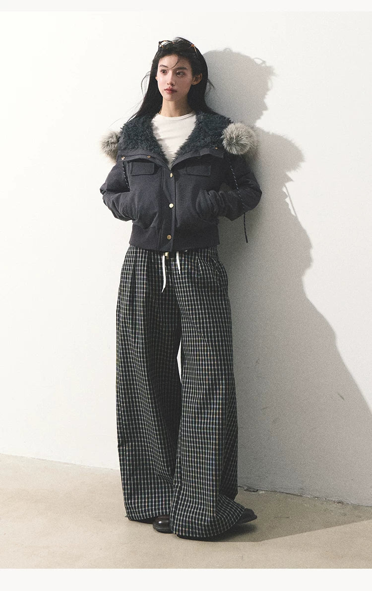 OAKMOO/ "Energy & Freedom" Mocha Gray Fur-Collar Cropped Hoodie Jacket