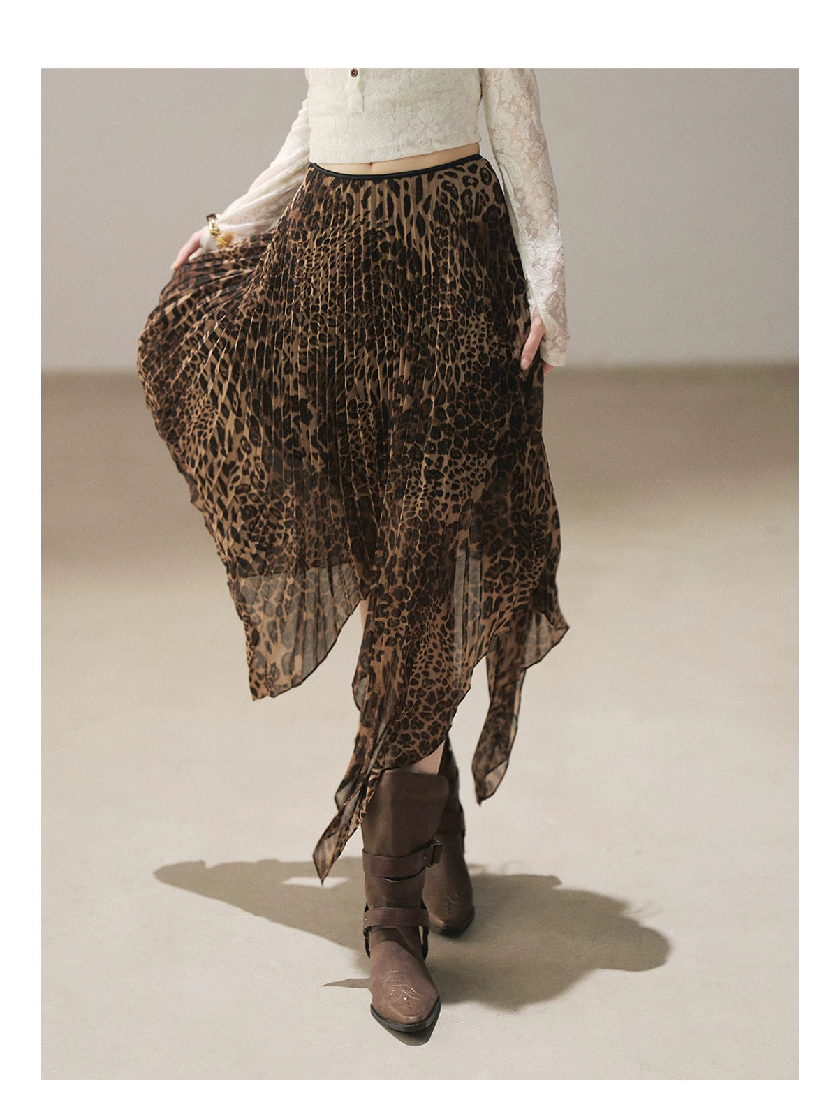 AOMALM - “Cocoa Leopard” Pleated Asymmetric Midi Skirt