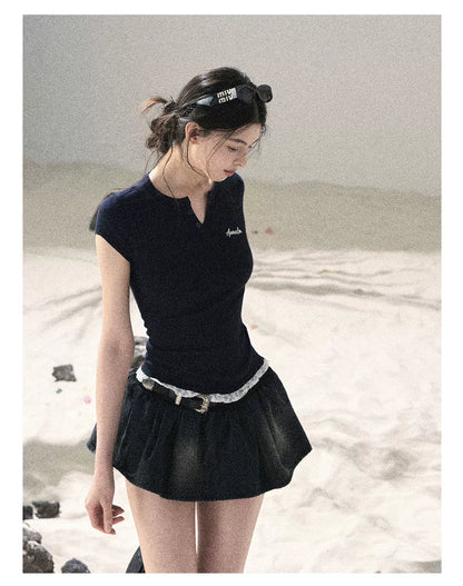 "Shimmer Across the Sea" Denim Bubble Skort (Rock Black/ Vintage Blue)
