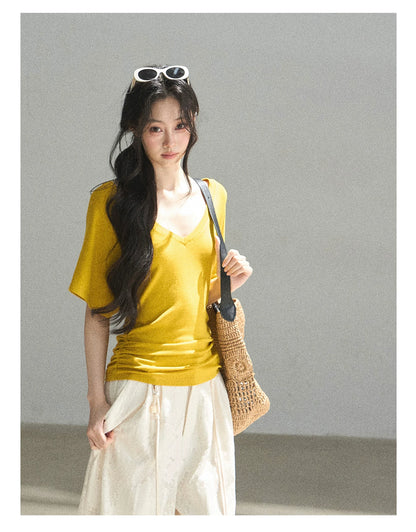 "The First Ray of Sunshine" V-Neck Crop Tee (Ginger Yellow. Creamy Apricot White)
