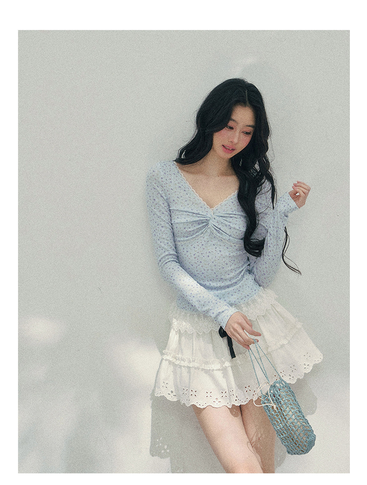 少也眼 "Heartbeat Pause" Baby Blue Back Lace Cut-Out Top 53685634