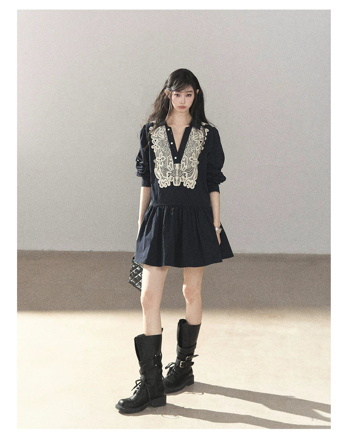 AOMALM - Navy French-Inspired Lace Shirt Mini Dress with Convertible Sleeves