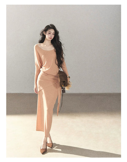 AOMALM - "Under the Sunset" Mauve Linen-Blend Mermaid Dress Set