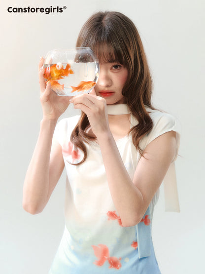 "Koi Garden Letter" White & Blue Goldfish Print Two-Piece Skirt Set LL2026220