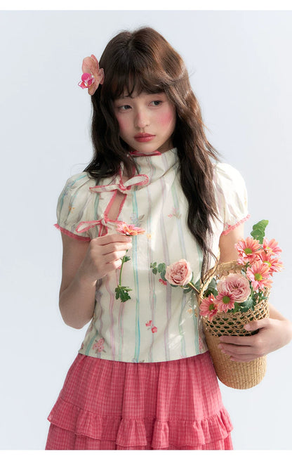 "Peach Blossom" Beige Floral Print Mandarin Collar Blouse