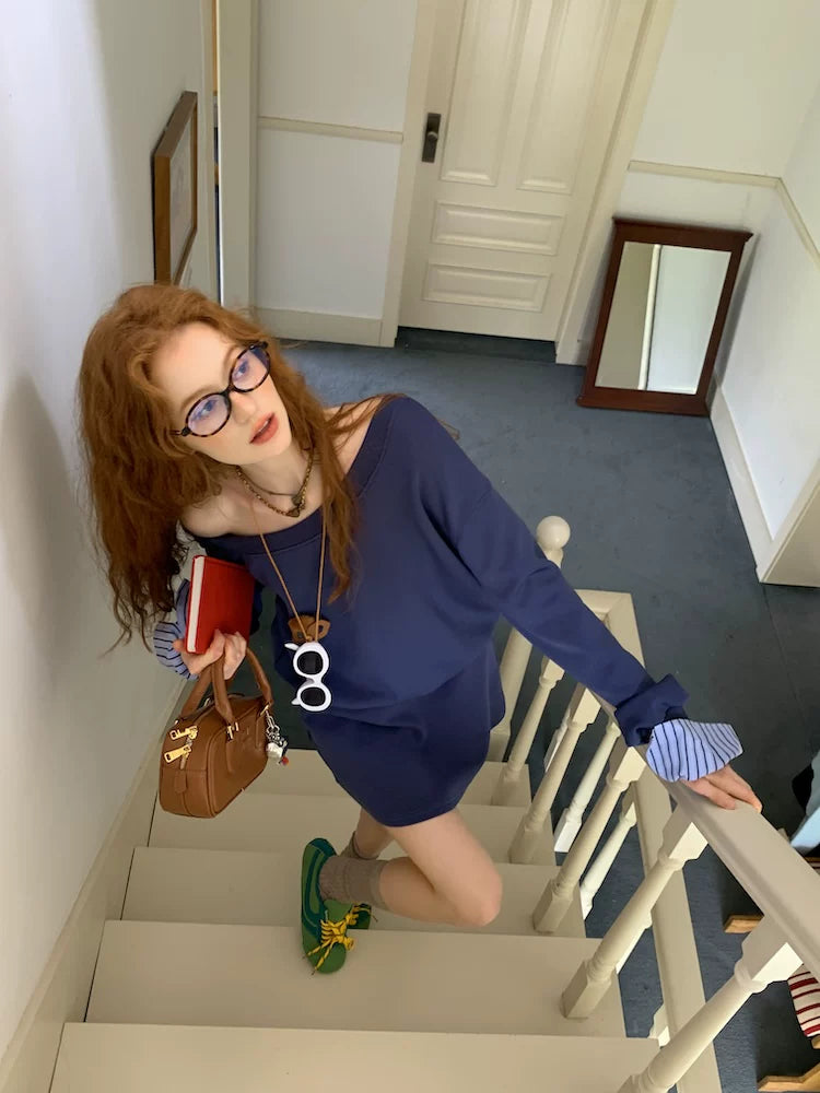 Navy One-Shoulder Sweatshirt & Skirt Set