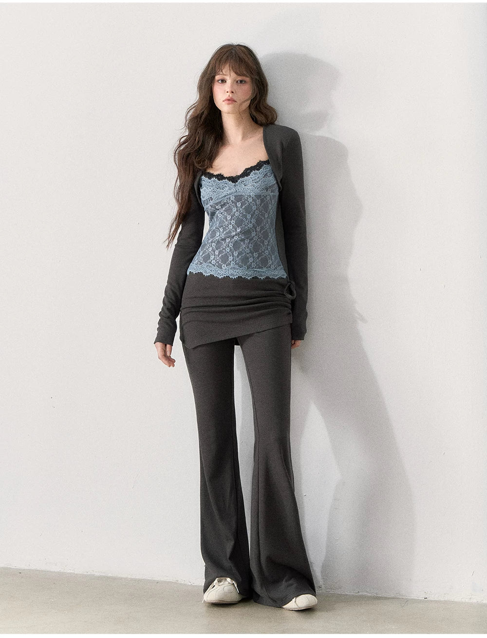 [TMMG] Lace-Trimmed Layered Knit Top & Flared Pants Set