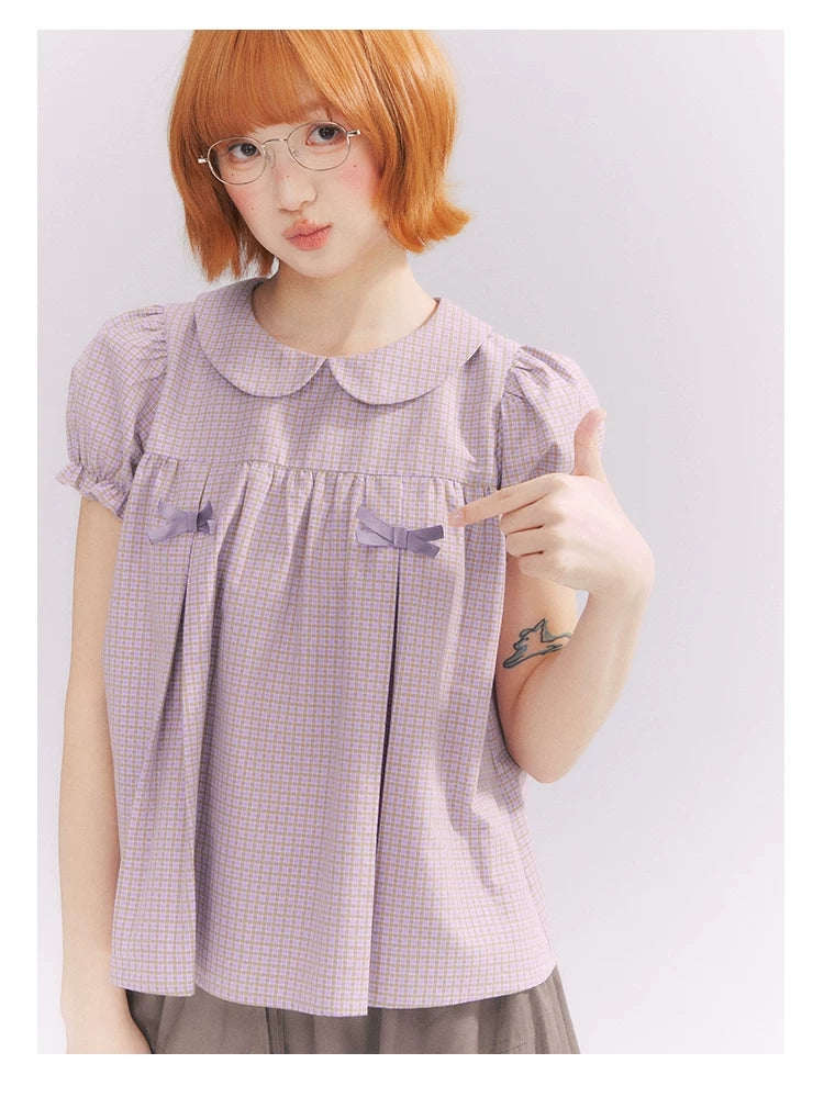 “Taro Milk Candy” Purple Plaid Bow Peter Pan Collar Puff Sleeve Blouse