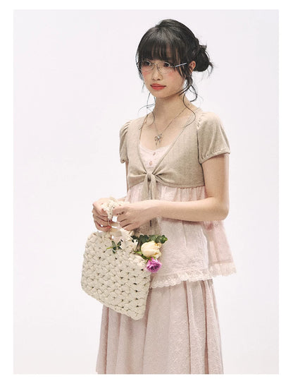 "Sweetheart Pages" Blush Pink Bow Puff Sleeve Top & A-Line Skirt Set