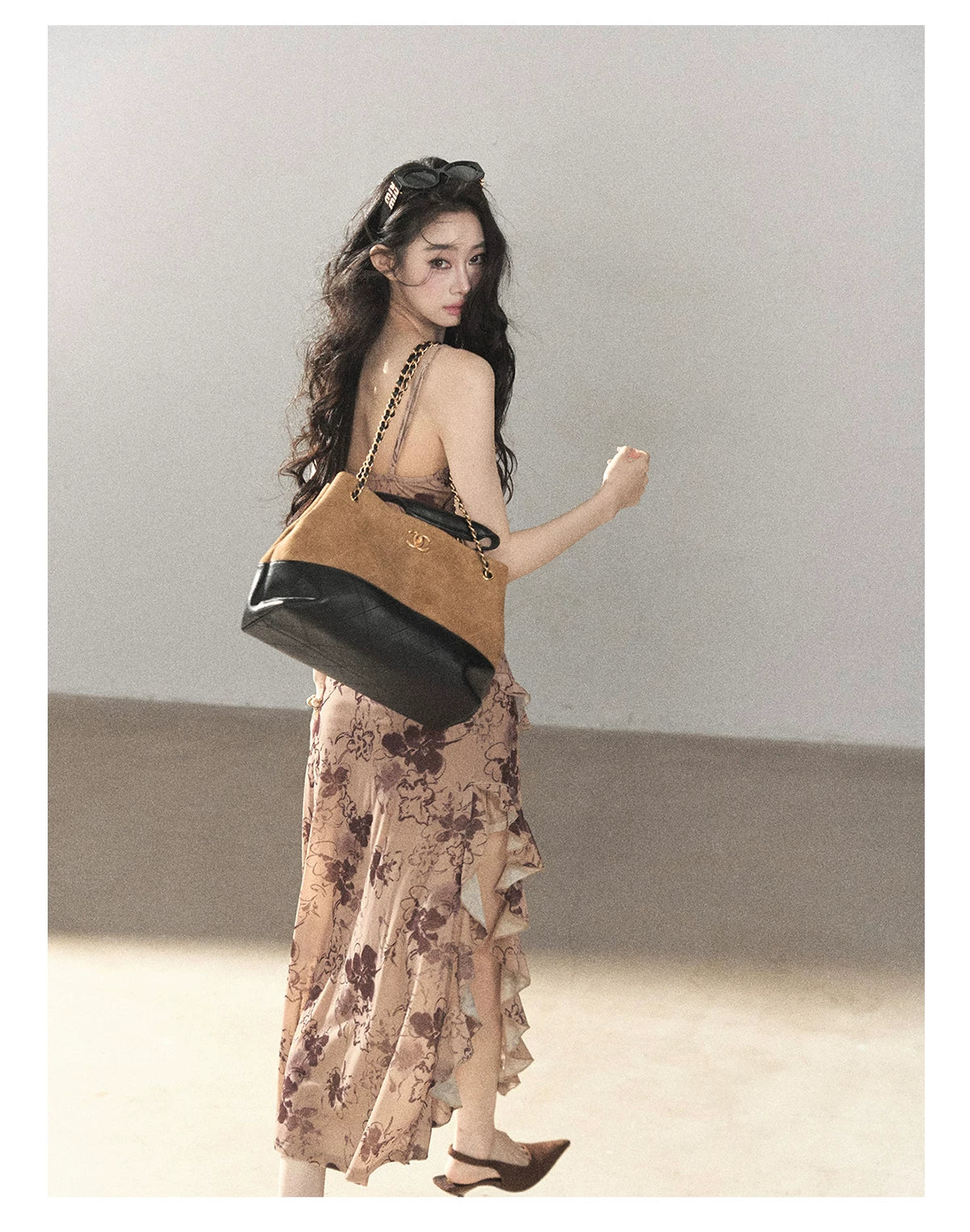 AOMALM - "Wildflower Date" Milk Tea Brown Ruffle Floral Maxi Dress (With Matching Hair Tie)