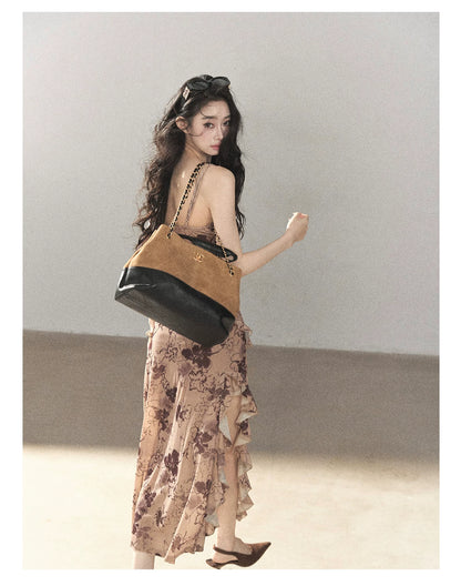 AOMALM - "Wildflower Date" Milk Tea Brown Ruffle Floral Maxi Dress (With Matching Hair Tie)