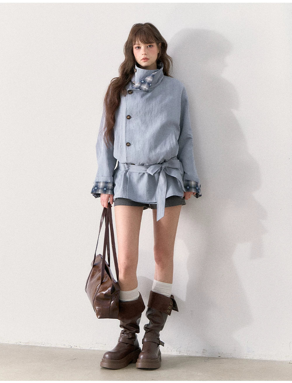 [TMMG] French Stand Collar Reversible Plaid Waist-Cinched Trench Coat (Morning Mist Blue)