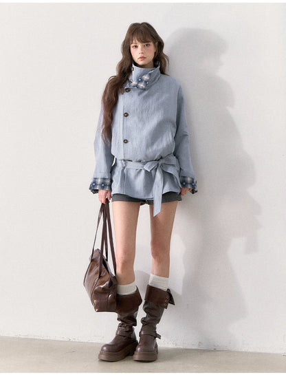 [TMMG] French Stand Collar Reversible Plaid Waist-Cinched Trench Coat (Morning Mist Blue)