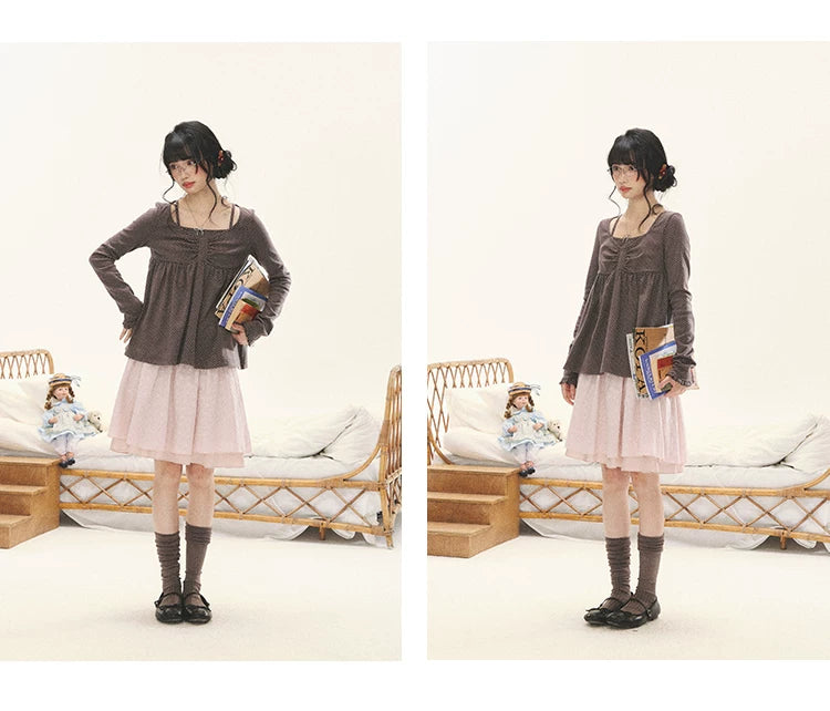 "Sweet Favorite" Polka Dot Faux-Layer Bow Knit Top (Gray Brown/ Blush Pink)