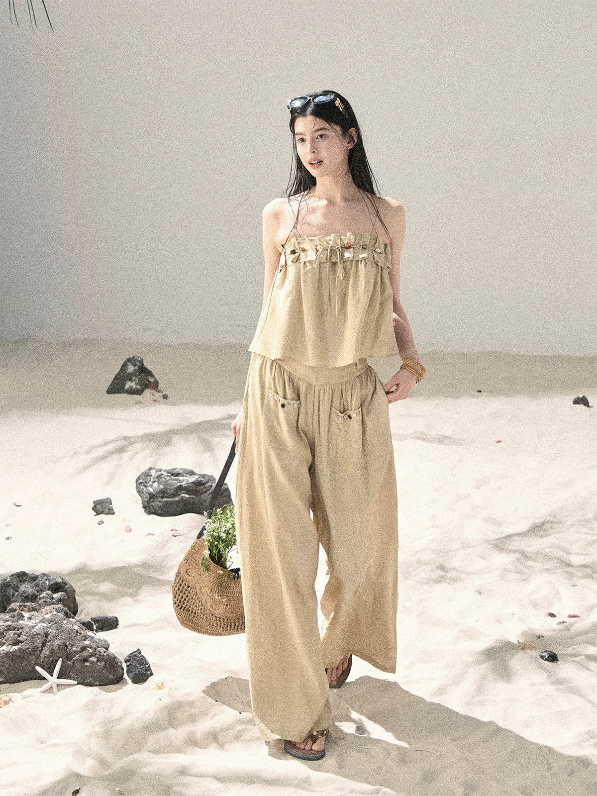 "Traces of the Wind" Sand Beige Cami & Wide-Leg Pants Set