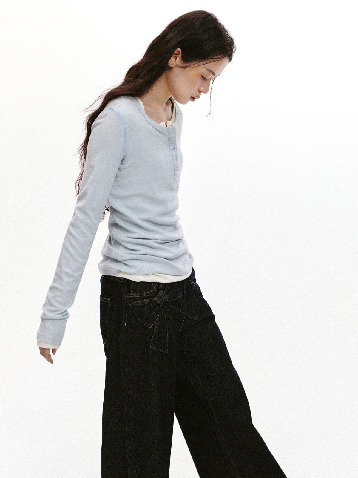 “Bow Pocket Wash” Wide-Leg Loose Denim Jeans - Denim ML6661