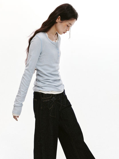 “Bow Pocket Wash” Wide-Leg Loose Denim Jeans - Denim ML6661