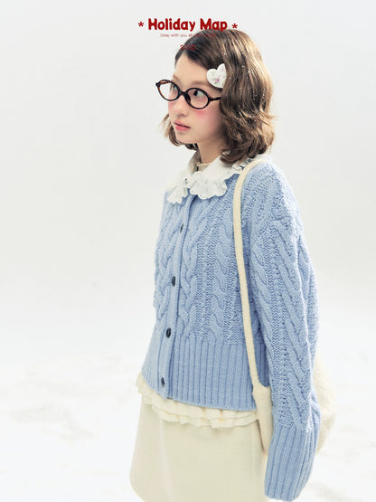 "Cotton Mousse" Cable Knit Cardigan with Detachable Ruffle Collar (Cotton Blue/ Soft White)