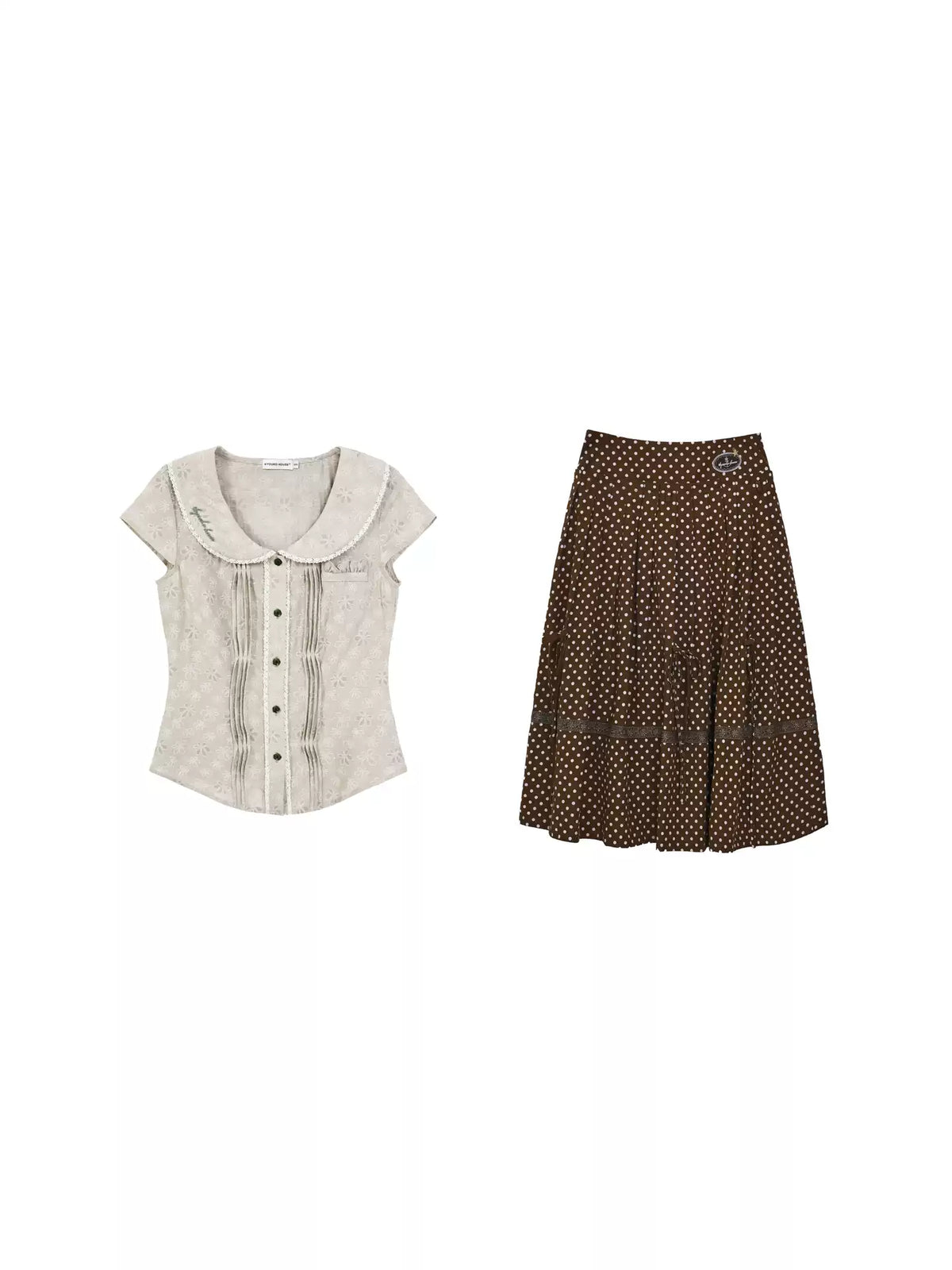 "Blooming Branches" Daisy Textured Blouse & Brown Polka Dot Pleated Skirt