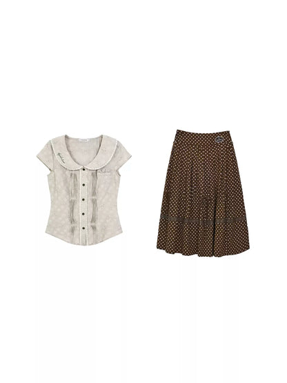 "Blooming Branches" Daisy Textured Blouse & Brown Polka Dot Pleated Skirt