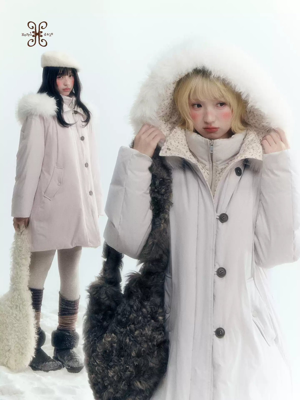 Horridale - Snow-Dusted Floral 90% White Duck Down Puffer Jacket (Light Peach Pink / Silver Gray)