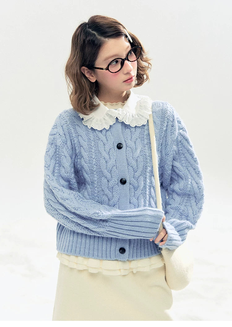 "Cotton Mousse" Cable Knit Cardigan with Detachable Ruffle Collar (Cotton Blue/ Soft White)