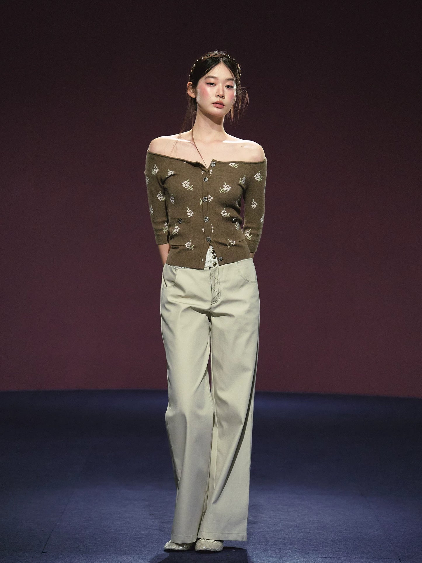 Floral Mosaic Off-Shoulder Knit Top (Ivory/ Dark Brown)