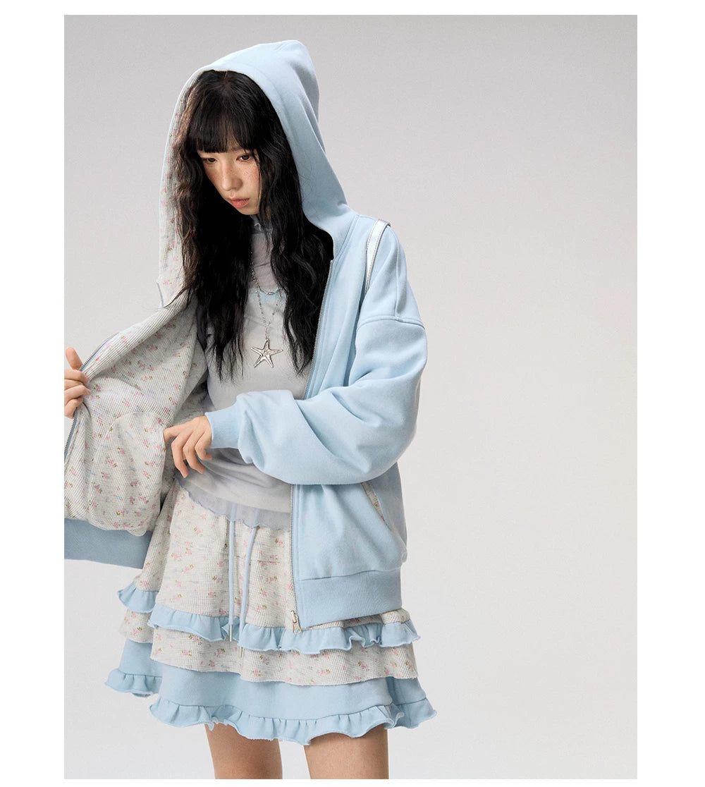 [CAN] "Misty Blue Floral Reverie" Light Blue Floral Set (Reversible Jacket / Sweatpants / Tiered Skirt)