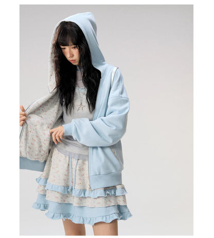 [CAN] "Misty Blue Floral Reverie" Light Blue Floral Set (Reversible Jacket / Sweatpants / Tiered Skirt)