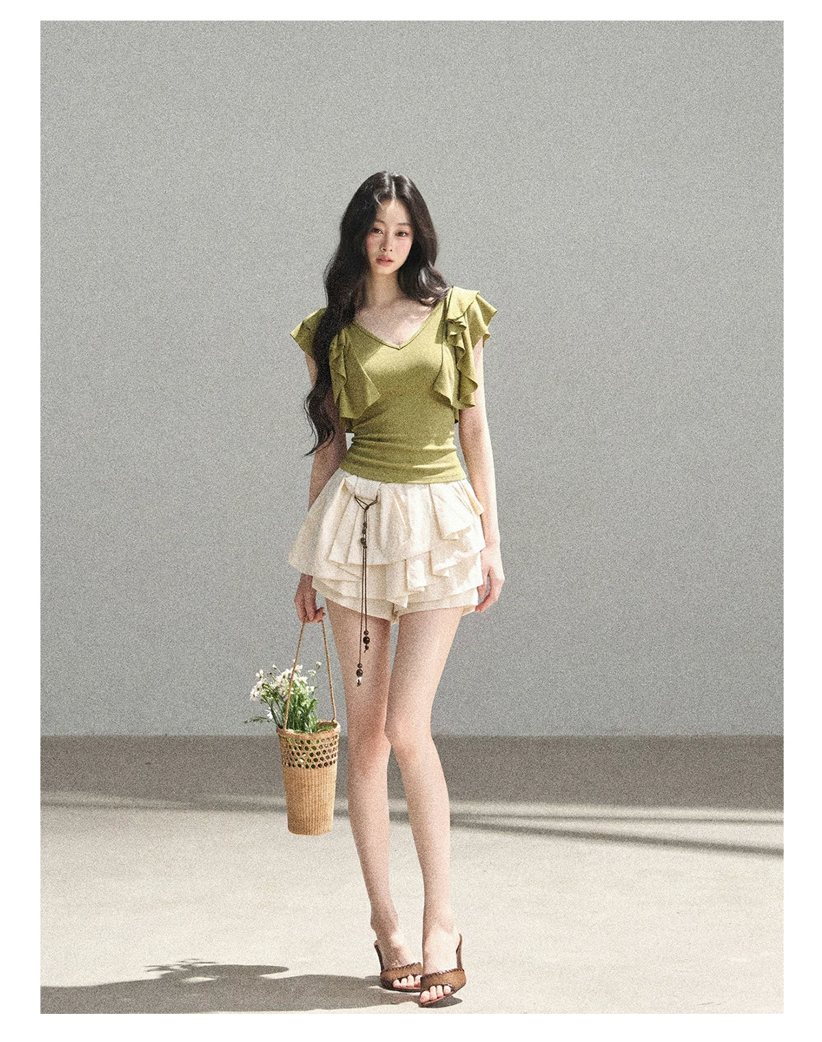 "Where Clouds Fall" Ruffle Sleeve V-Neck Crop Top (Forest Green/ Sage Gray/ Misty Blue/ Cinnamon Pink)
