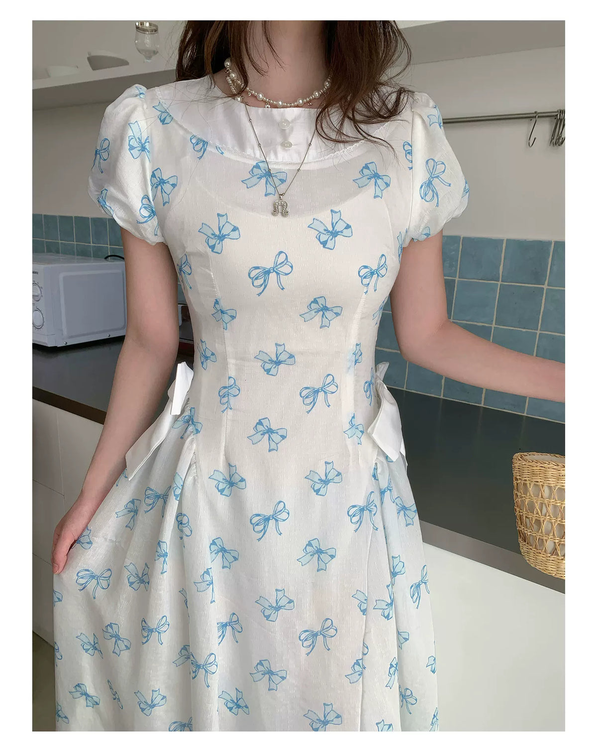 [RF] “Blue Butterfly Letter” Light Blue Floral Bow Midi Dress