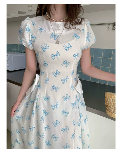 [RF] “Blue Butterfly Letter” Light Blue Floral Bow Midi Dress