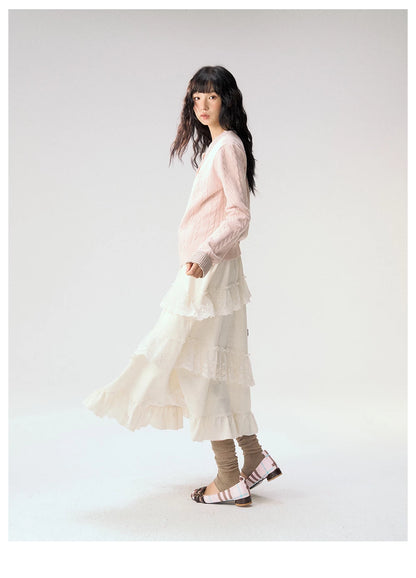 [CAN] "Soft Whisper" Ivory Embroidered Lace Layered Midi Skirt