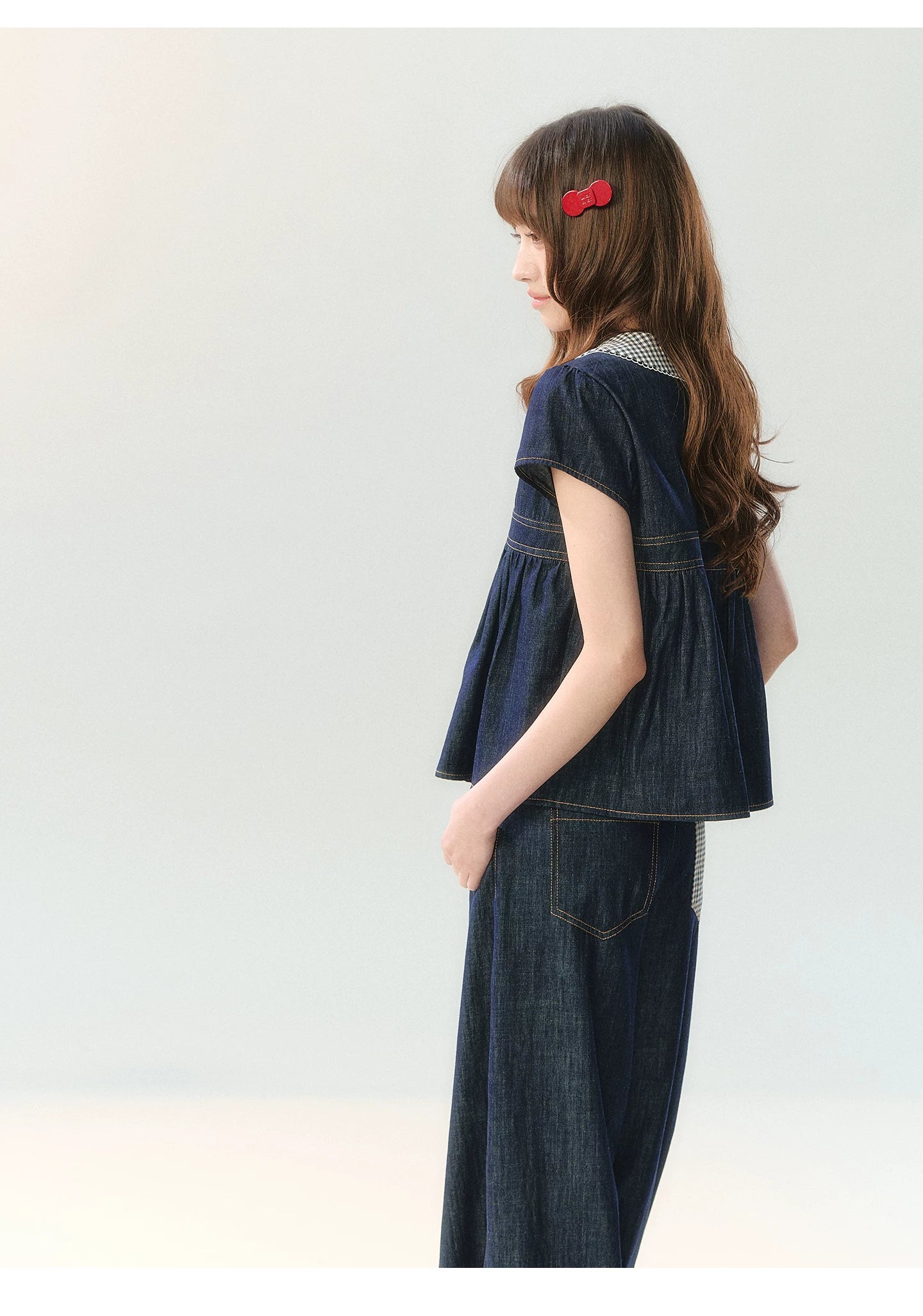 "Denim Check Prelude" Indigo Denim Three-Piece Set