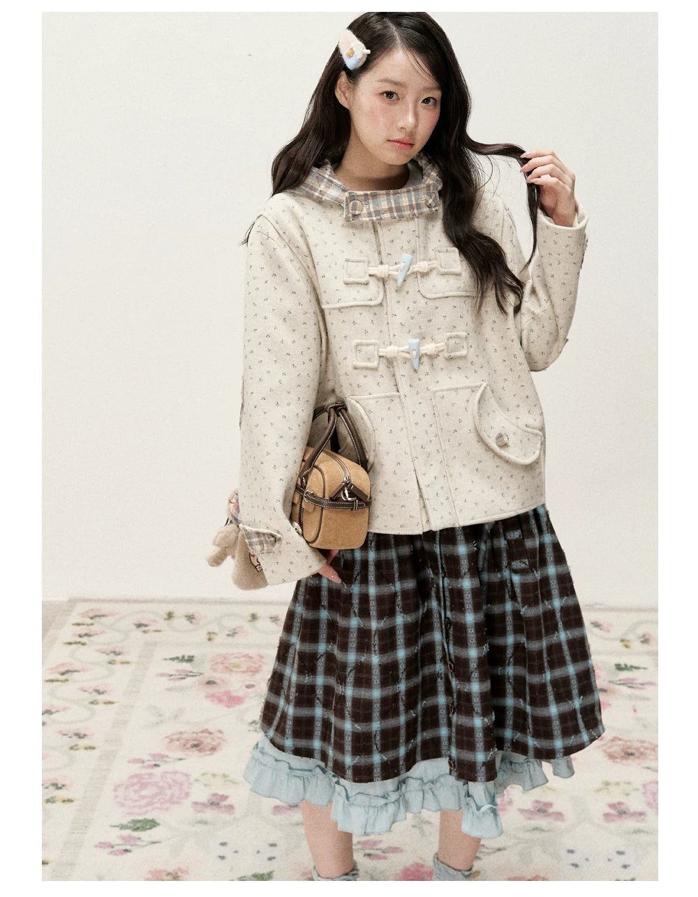 [RF] Floral Heather Beige Apricot Plaid-Trim Hooded Duffle Coat