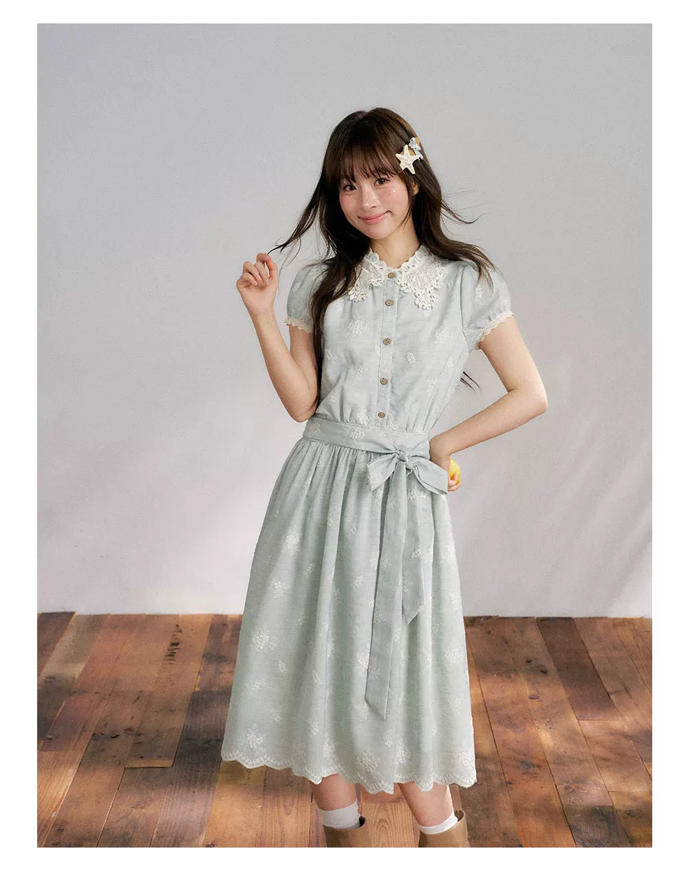 “Sage Meadow Reverie” Sage Green Embroidered Shirt Dress