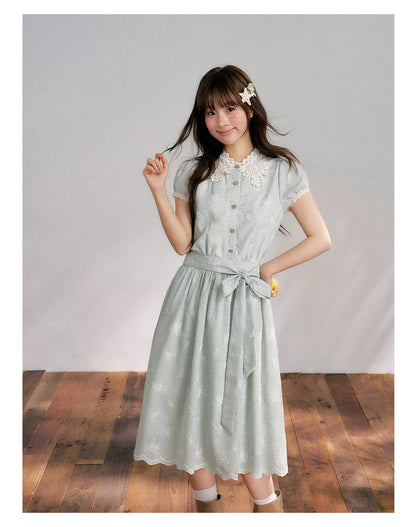 “Sage Meadow Reverie” Sage Green Embroidered Shirt Dress