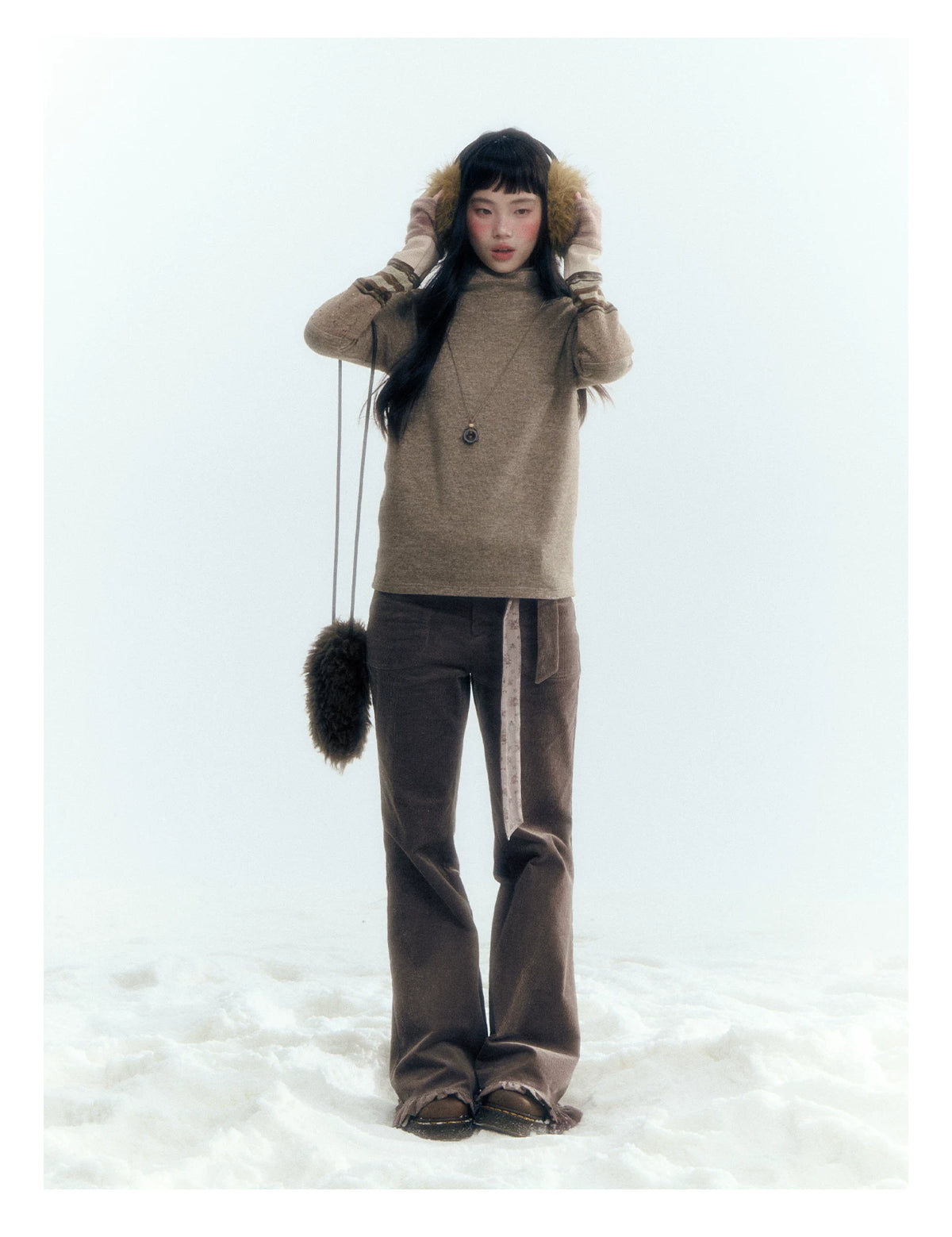 Horridale - Light Brown Colorblock High Cowl Neck Long Sleeve Top