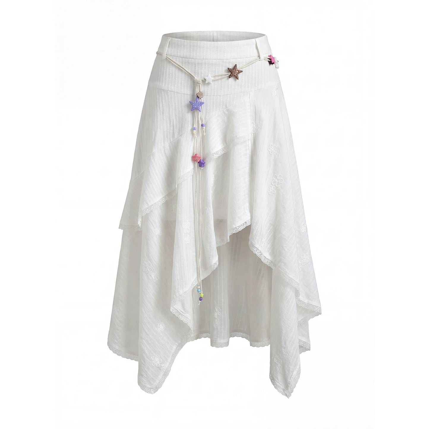 “Stardust Cascade” White Asymmetrical Ruffle Skirt