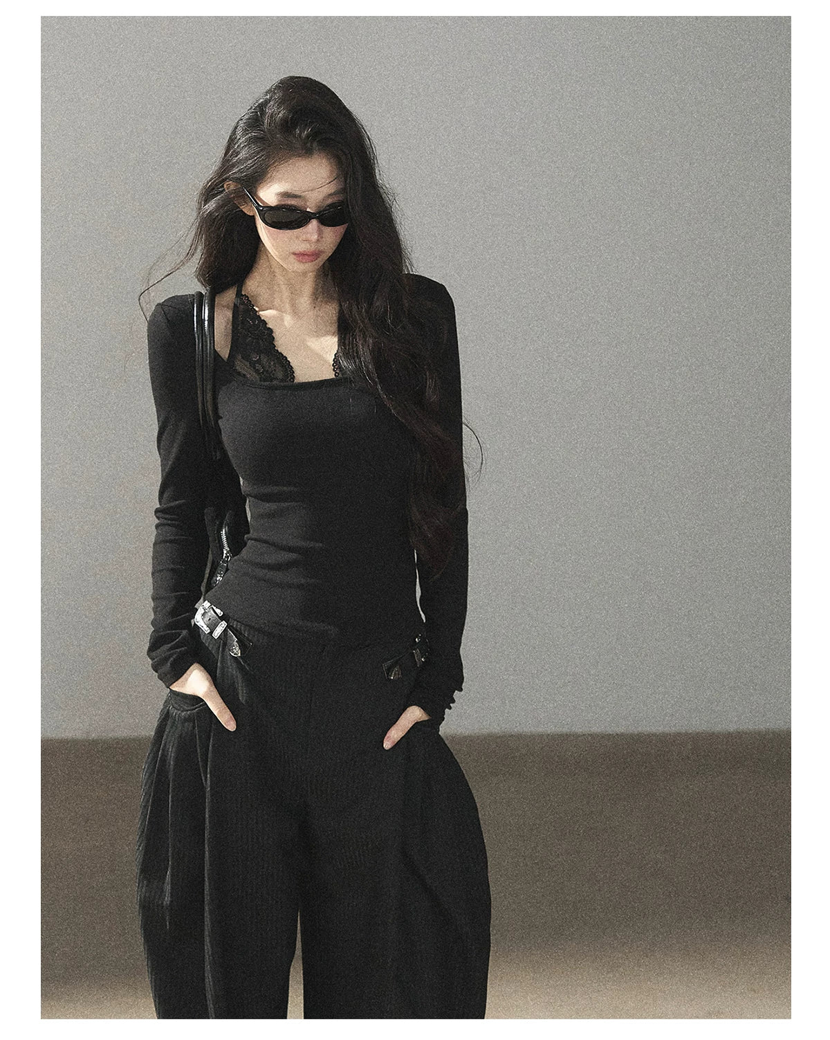 AOMALM - "Midnight Glow" Black Striped Satin Wide-Leg Pants