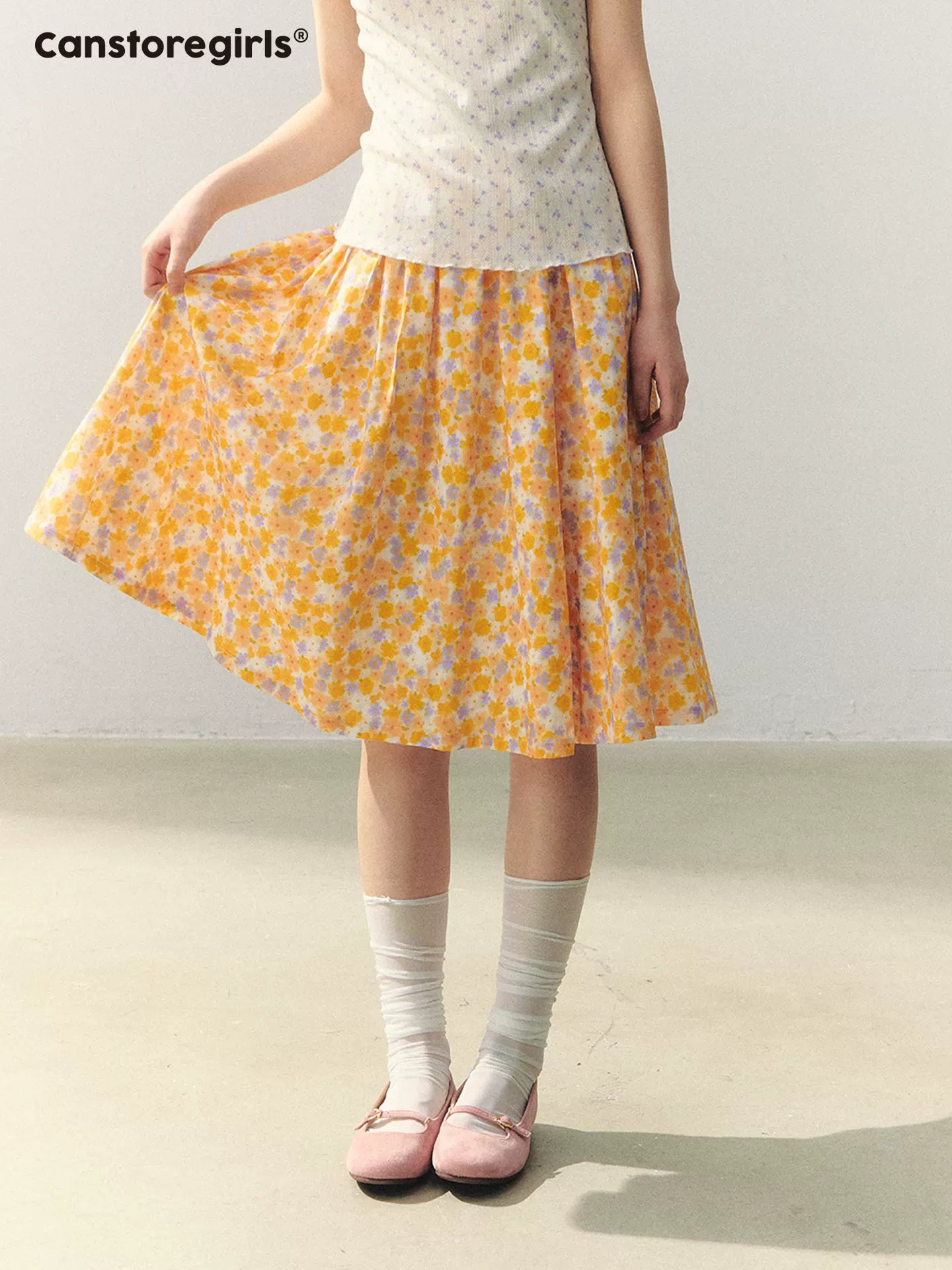 Citrus Bloom Lace Cami & Floral Pleated Skirt Set LL2026039