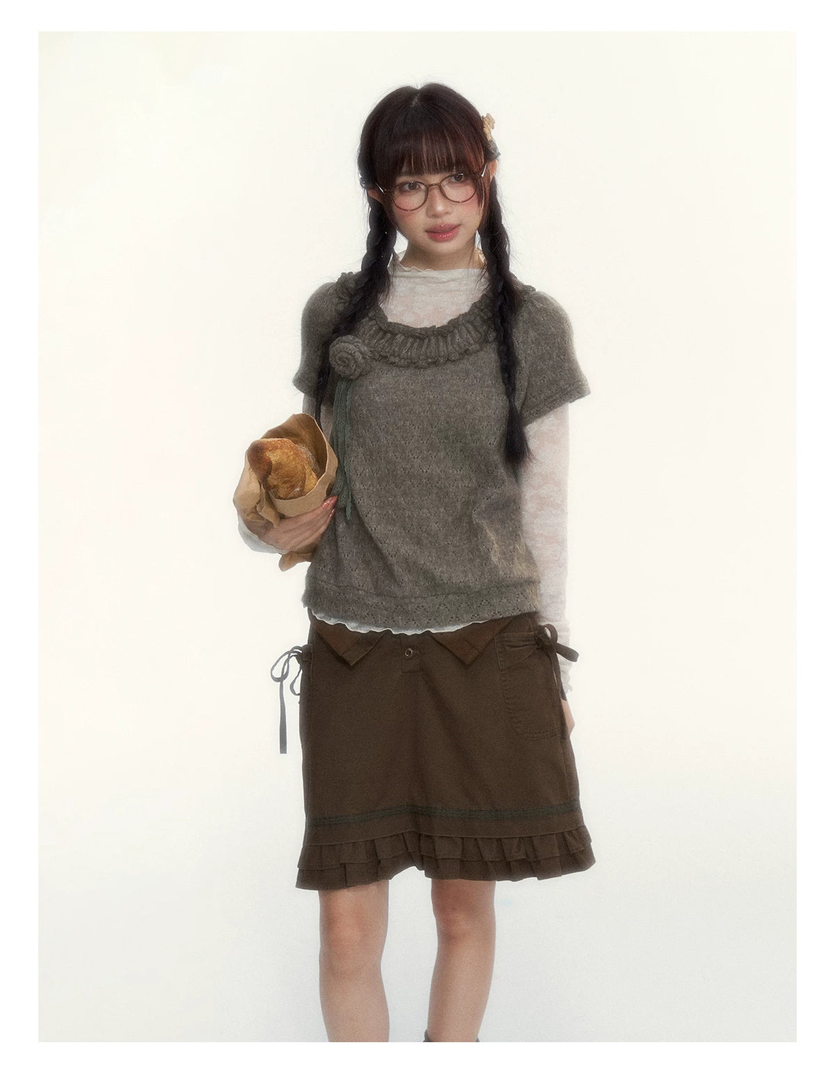 “Wild Caramel” Brown Washed Layered Ruffle Bow Pocket A-Line Skirt