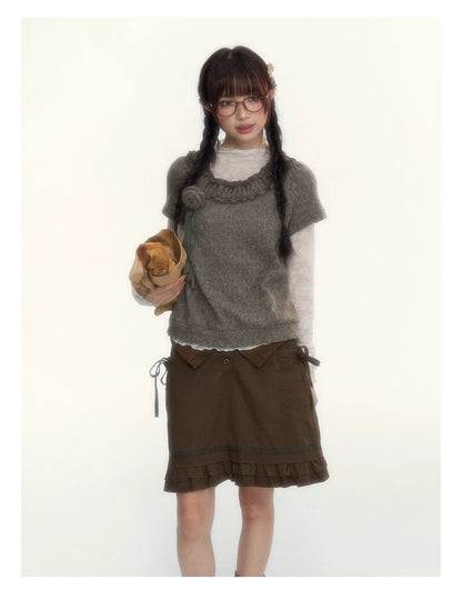 “Wild Caramel” Brown Washed Layered Ruffle Bow Pocket A-Line Skirt