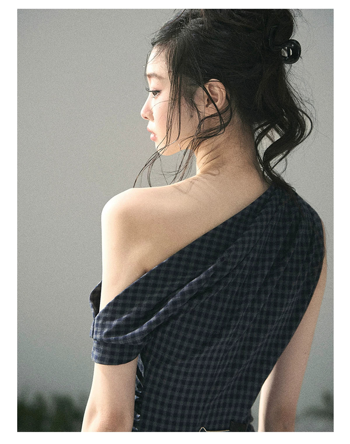 "Moonlit Bellflower Reverie" Navy Plaid One-Shoulder Mini Dress 567474