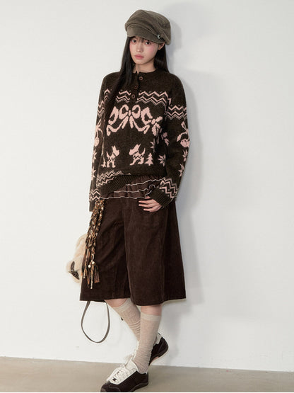 Soote Season - Fair Isle Cinnamon Bow Henley Knit Sweater