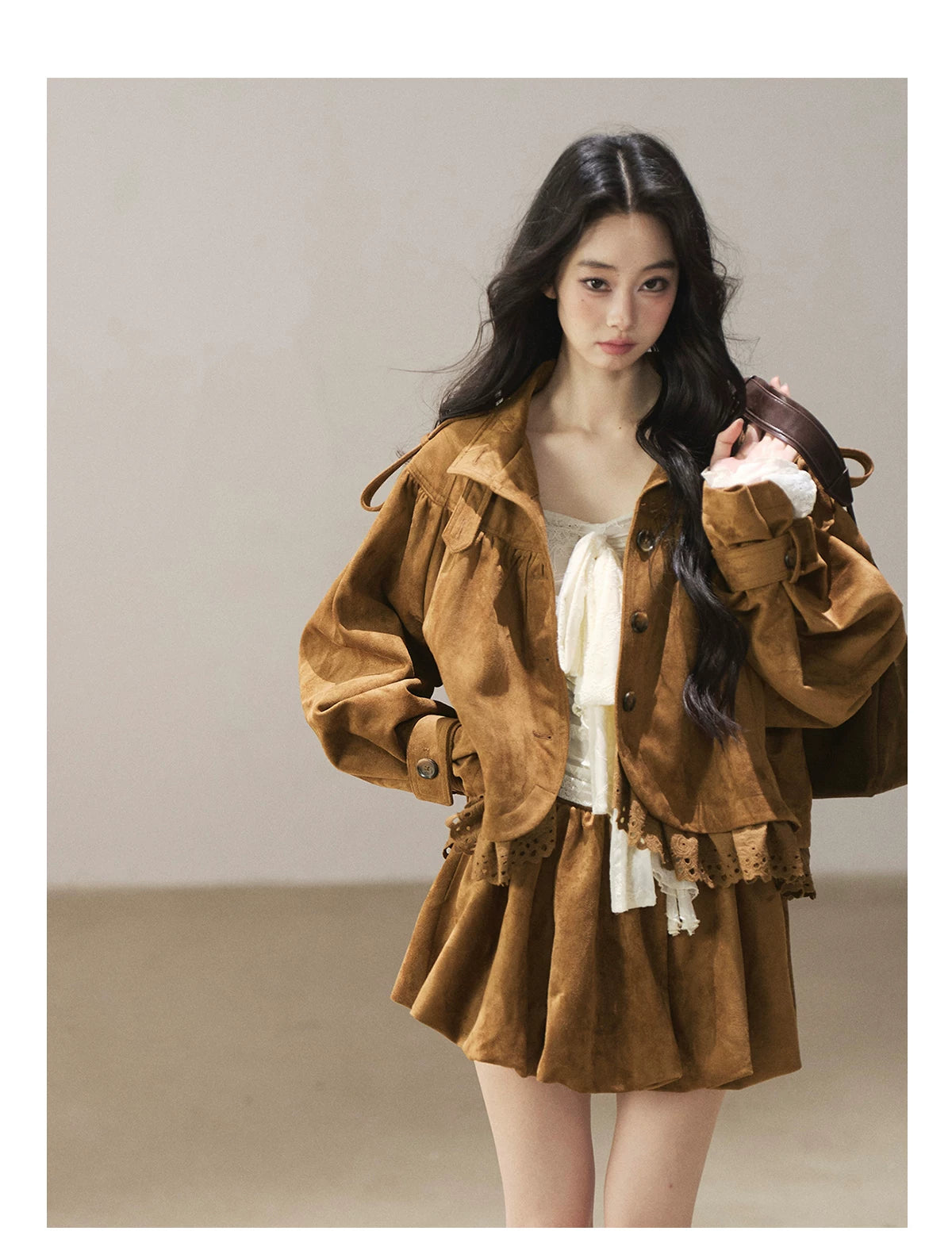 AOMALM - "Wind Through the Valley" Toasted Pecan Brown Faux Suede Jacket & Mini Skirt Set